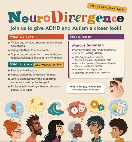 Flyer for NeuroDivergence: an interactive talk on ADHD and autism, illustrated with six people and their thought bubbles