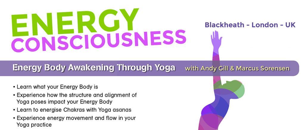 Flyer for Energy Body Awakening Through Yoga: a multicoloured figure in a yoga pose beside the list of what the workshop covered