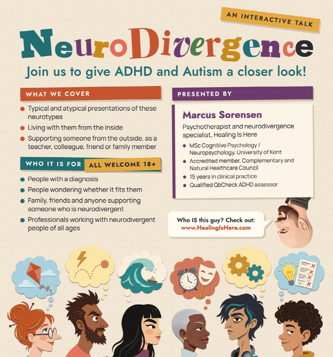 Flyer for the NeuroDivergence talk: what it covers, who it is for, and six illustrated people with their thought bubbles