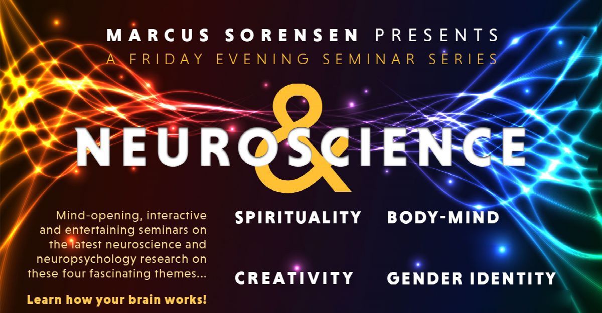 Flyer for the Neuroscience and… seminar series: glowing neural fibres behind the four seminar titles