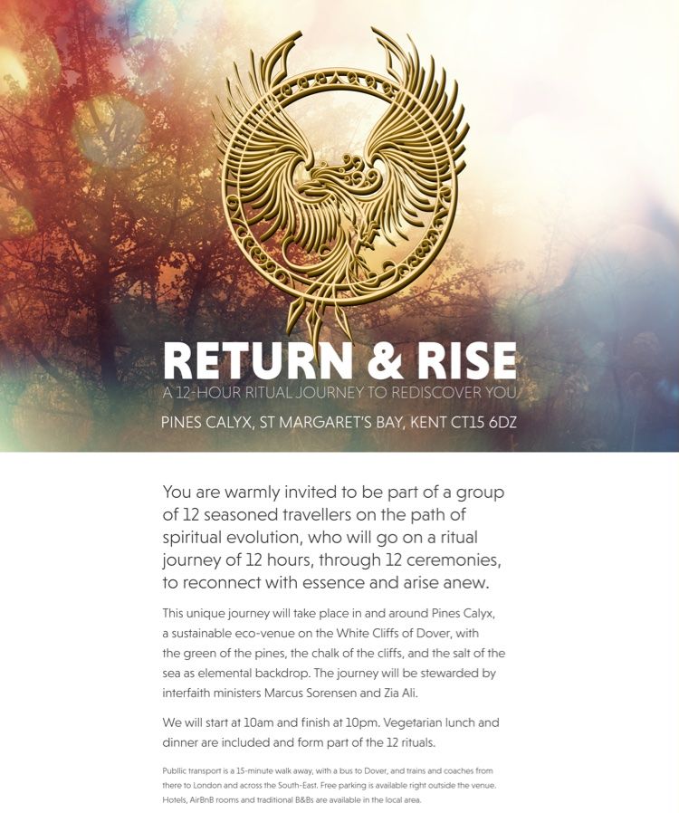 Front of the Return and Rise flyer: a golden phoenix over autumn trees and the invitation to the ritual journey