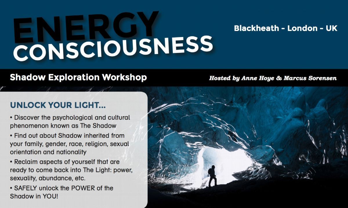 Flyer for the Shadow Exploration Workshop: a lone figure at the mouth of an ice cave beside the list of what it explored
